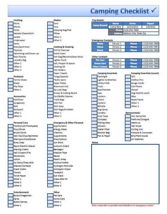 Free Excel Camping Checklist Template Download