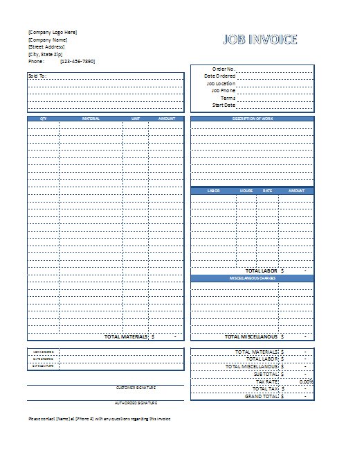 excel job invoice template free download