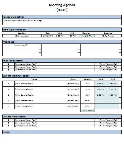 Free Excel Meeting Agenda Template Download