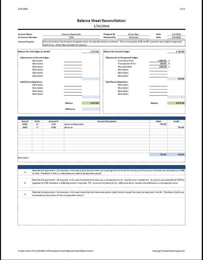 Balance Sheet Reconciliation Template Https www spreadsheetshoppe 