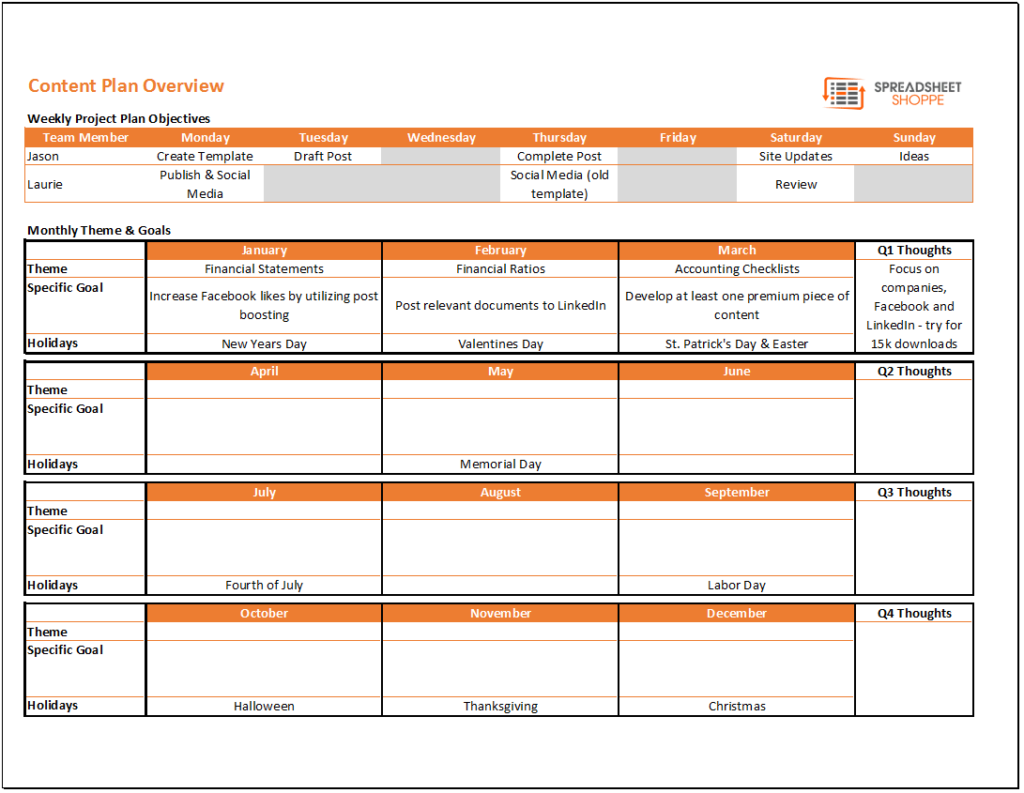 Content Calendar and Plan Template https://www spreadsheetshoppe com/